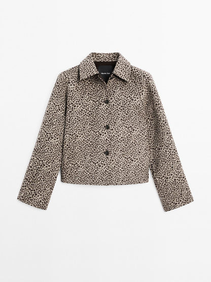 Short wool blend animal print coat