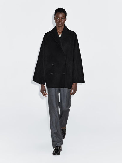 Wool blend mid-length coat with lapel collar