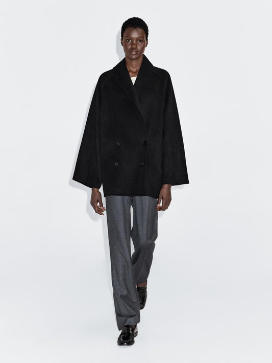 Wool blend mid-length coat with lapel collar