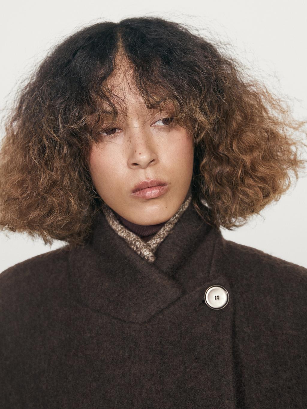 Long double-breasted coat with brushed finish