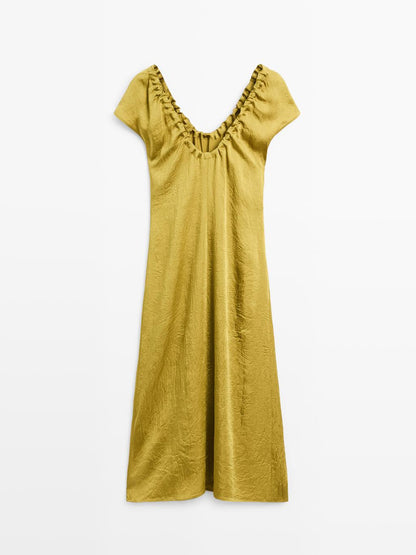 Satin midi dress with gathered detail