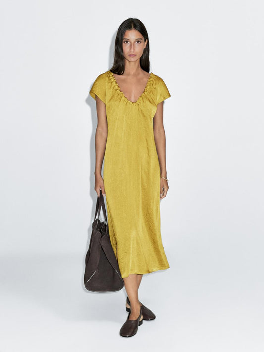 Satin midi dress with gathered detail