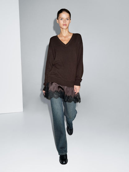 Long knit sweater with contrast lace