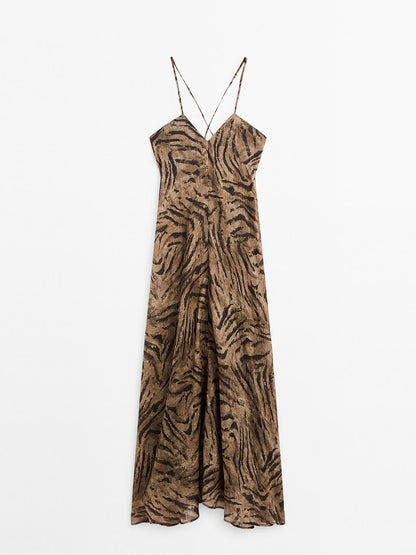 Long ramie blend animal print dress