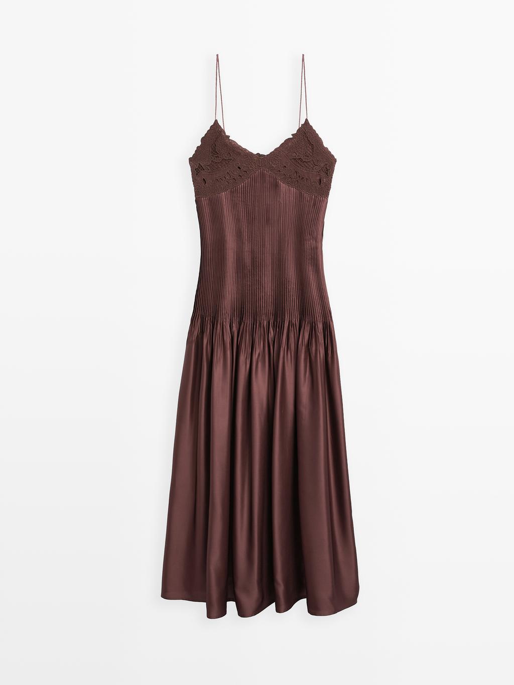 Flowing satin midi dress with straps