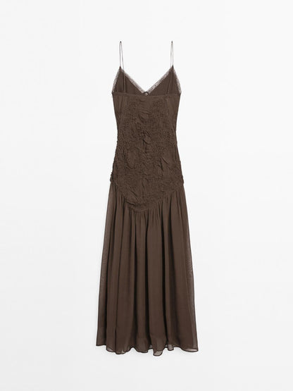 Long slip dress with gathered detail