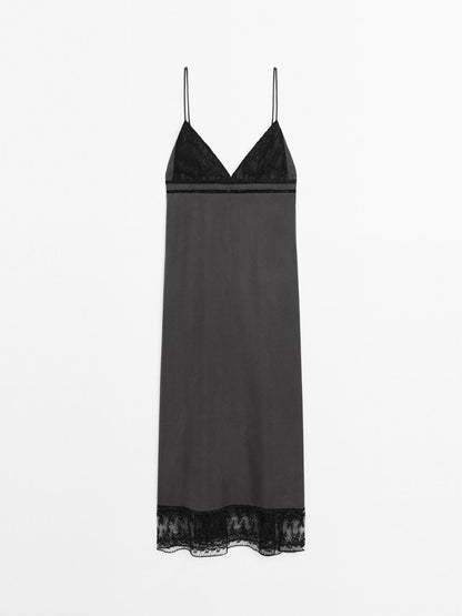 100% silk midi dress with lace detail