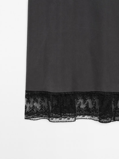 100% silk midi dress with lace detail