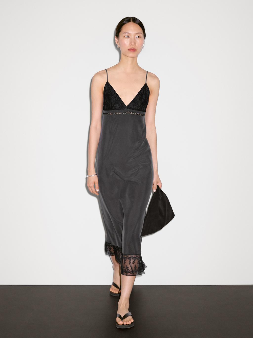 100% silk midi dress with lace detail