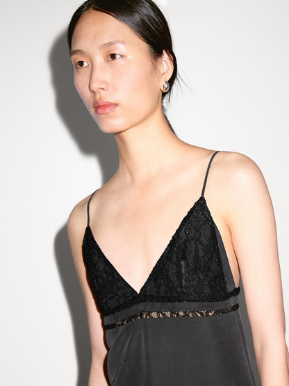 100% silk midi dress with lace detail