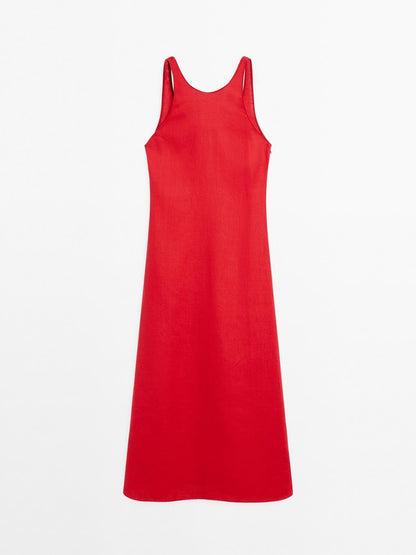 100% linen round neck midi dress