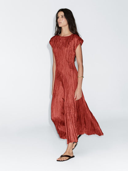 Long pleated satin dress