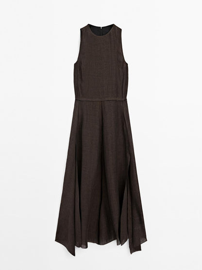 100% linen midi dress with frayed trims