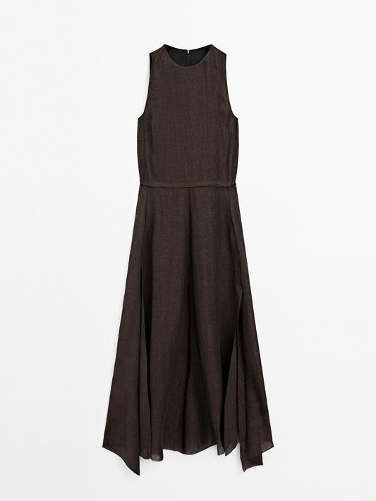 100% linen midi dress with frayed trims