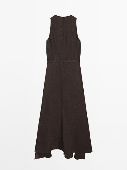 100% linen midi dress with frayed trims