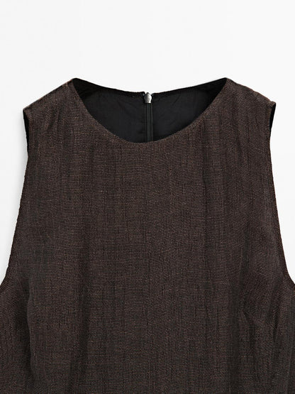 100% linen midi dress with frayed trims