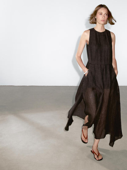 100% linen midi dress with frayed trims