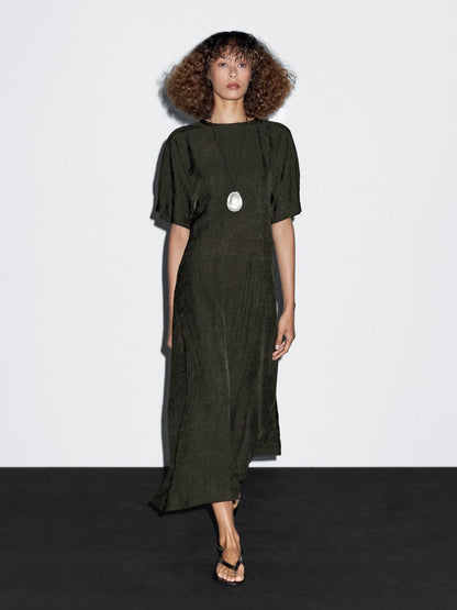 Long satin dress with short sleeves