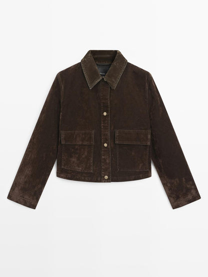 Short denim jacket with pockets and flocked finish