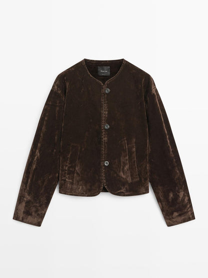 Short denim jacket with flocked finish