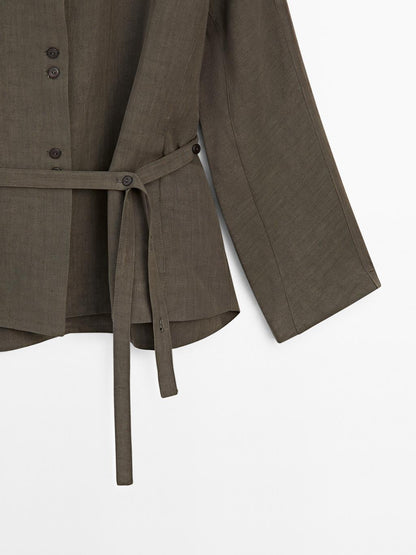 Linen blend stand collar jacket