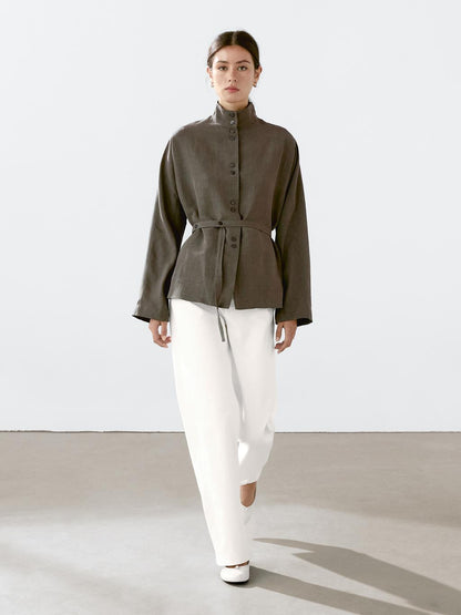 Linen blend stand collar jacket
