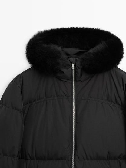 Technical down jacket with faux fur hood