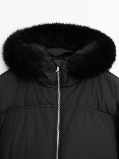 Technical down jacket with faux fur hood