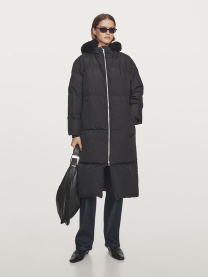 Technical down jacket with faux fur hood