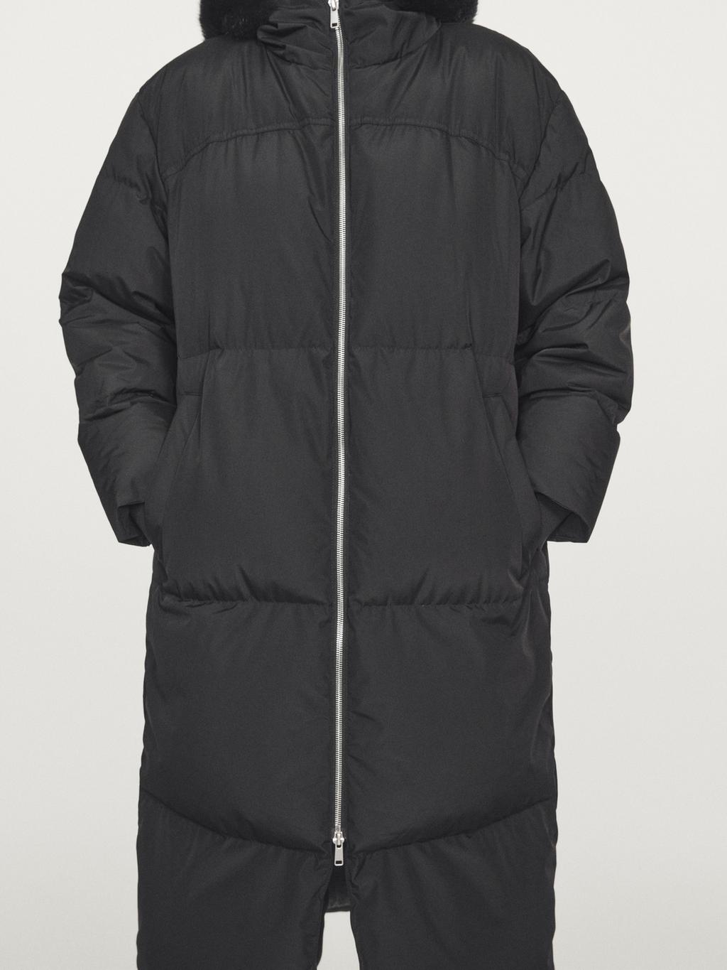 Technical down jacket with faux fur hood