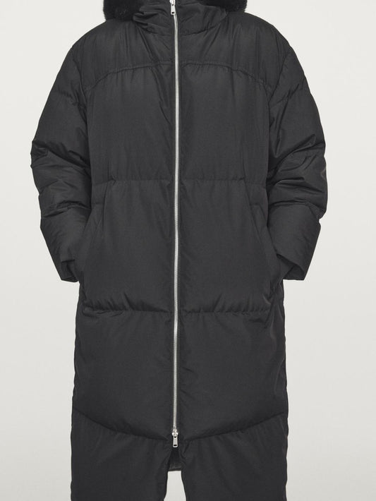 Technical down jacket with faux fur hood
