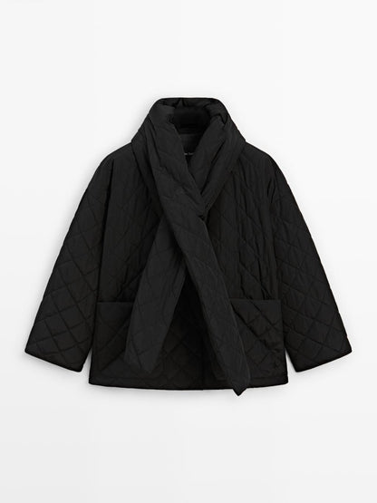 Water-repellent puffer jacket with scarf detail