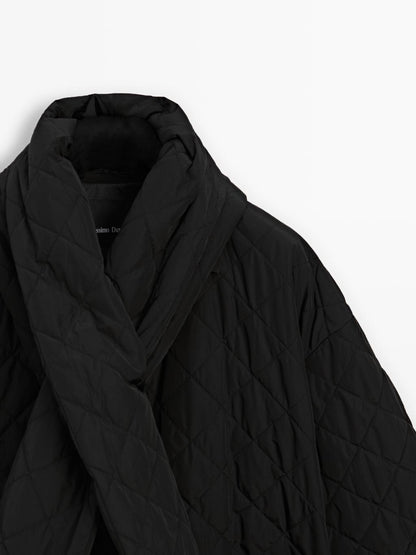 Water-repellent puffer jacket with scarf detail