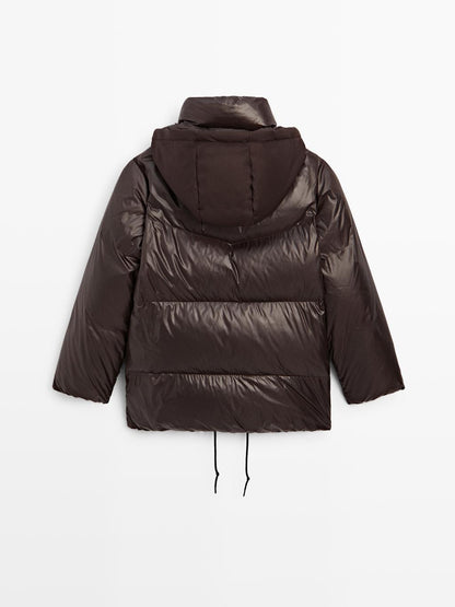 Water-repellent shiny down jacket with detachable hood