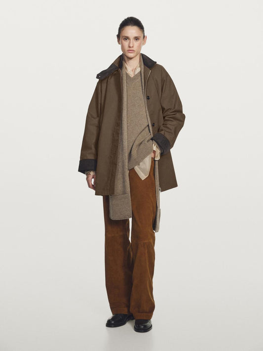 Waxed high neck parka with corduroy detail