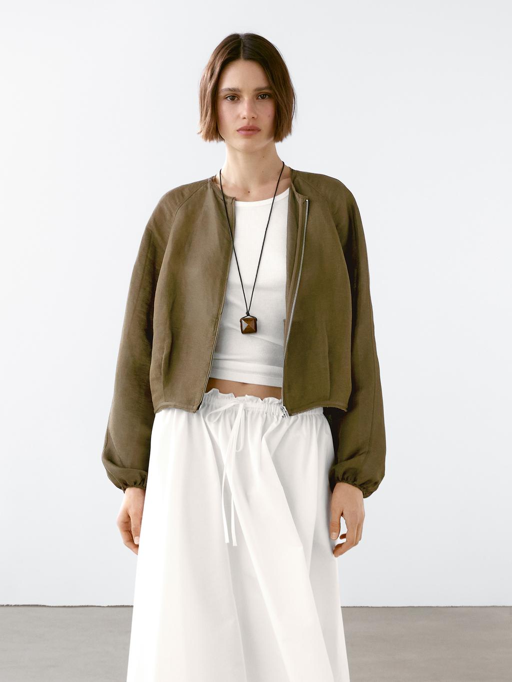 Frayed linen and silk bomber jacket