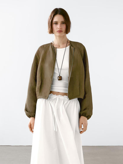 Frayed linen and silk bomber jacket