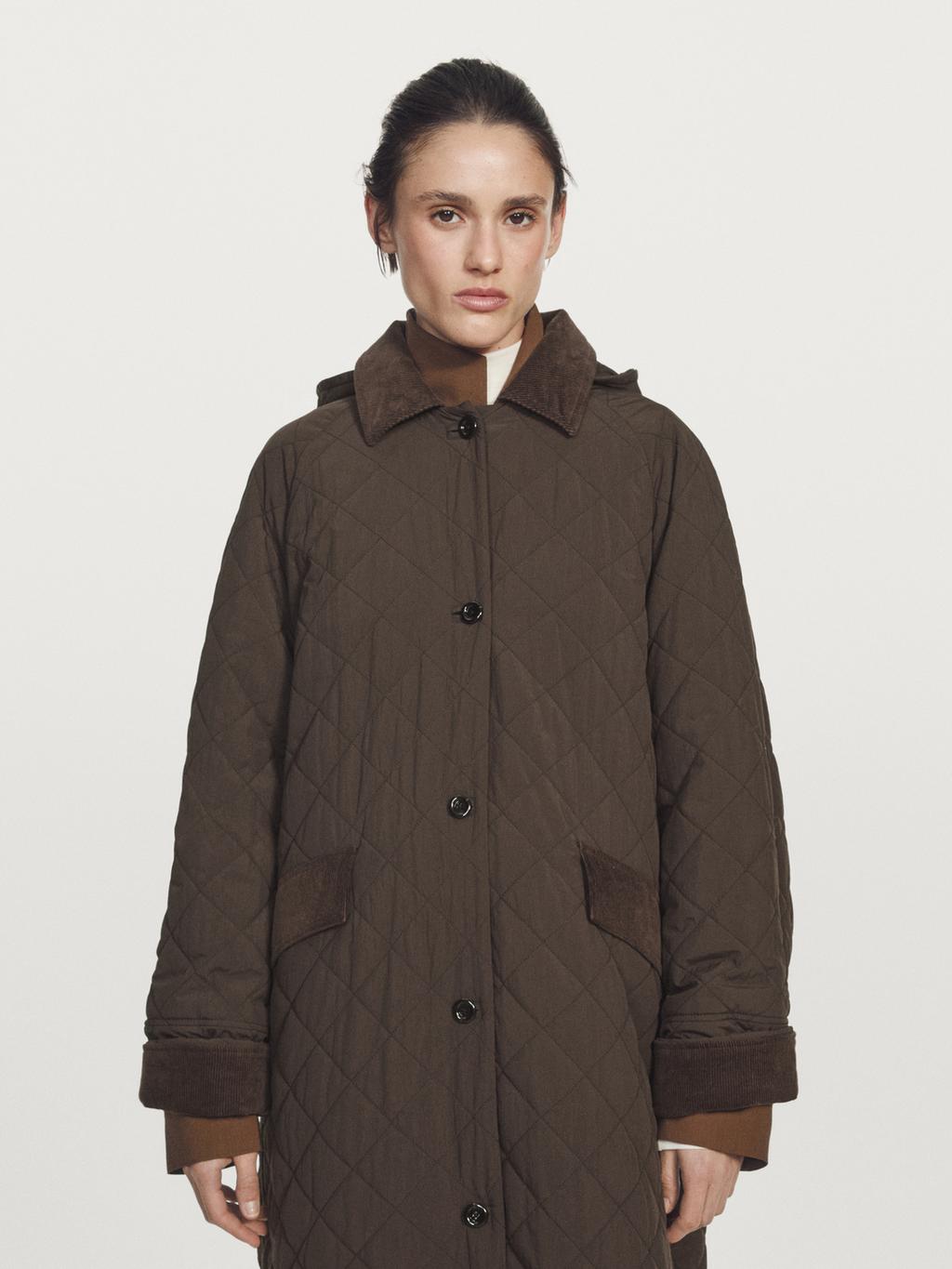 Long water-repellent coat with corduroy detail