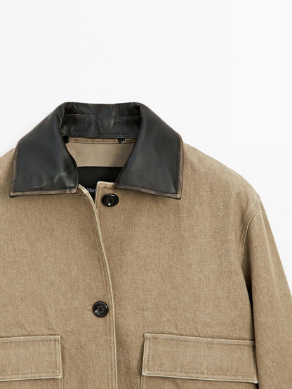 Jacket with detachable leather collar detail