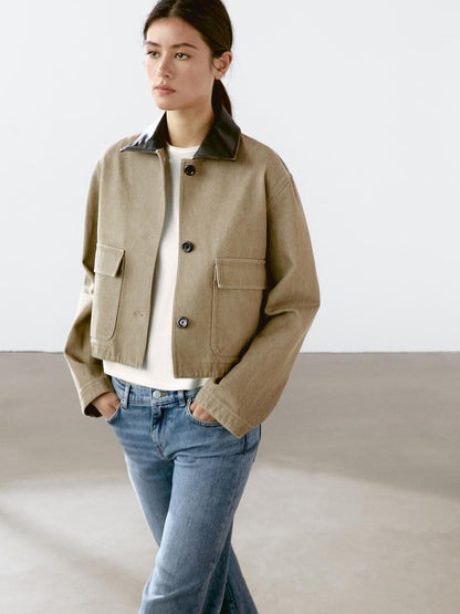 Jacket with detachable leather collar detail