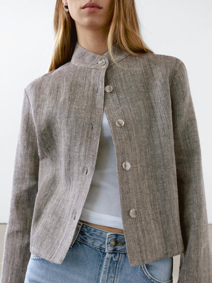 Short linen jacket with stand collar