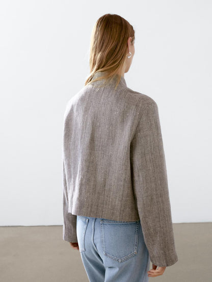 Short linen jacket with stand collar