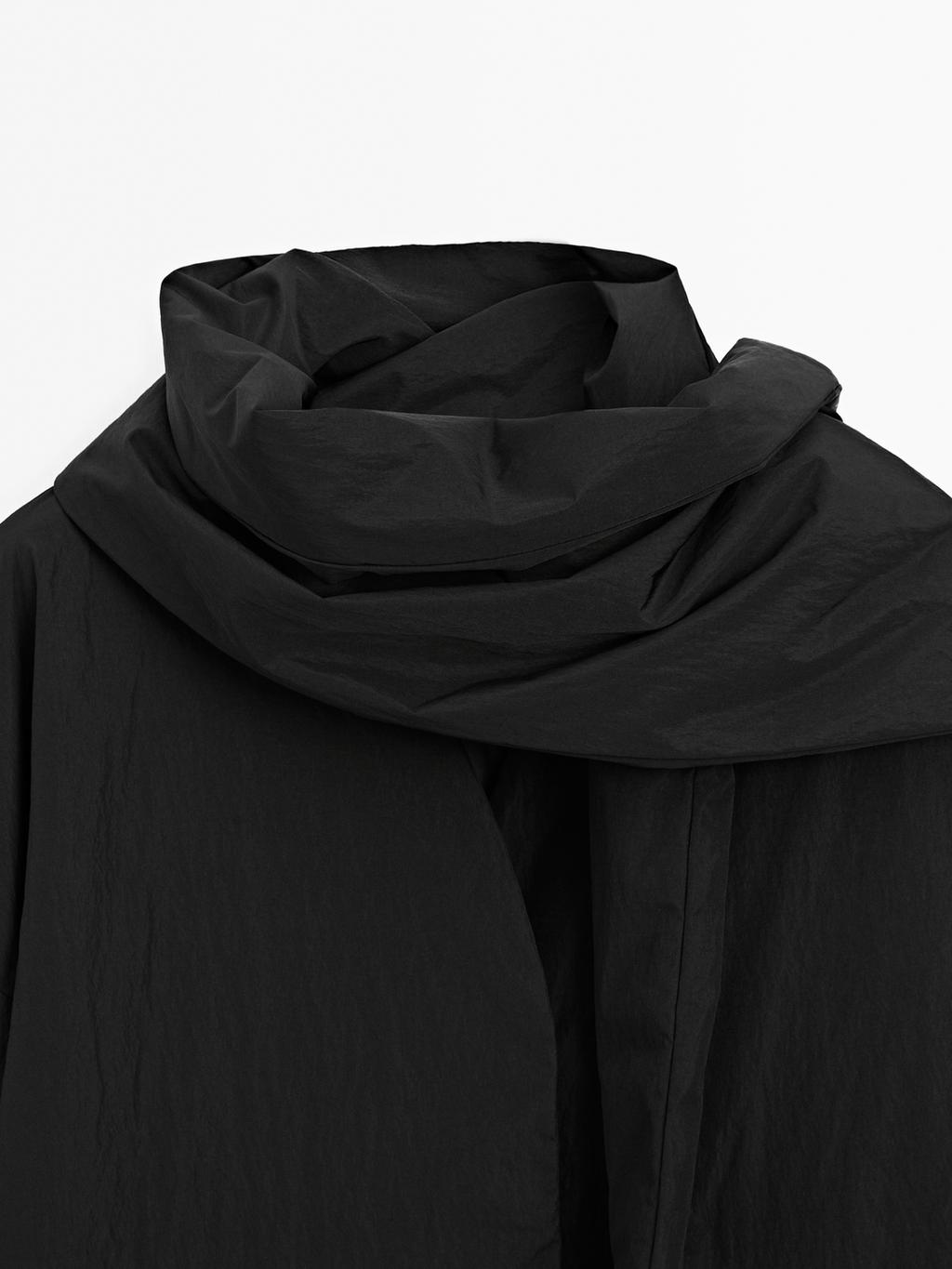Long water-repellent padded coat with scarf detail