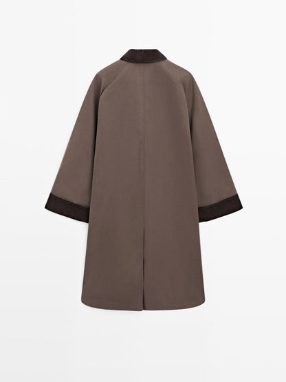 Long waxed parka with corduroy detail