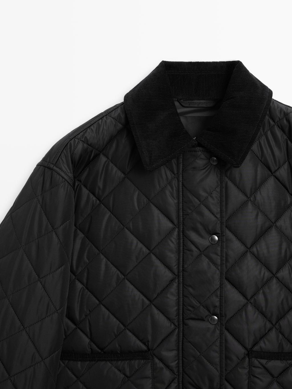 Short lightweight water-repellent puffer jacket with corduroy detail
