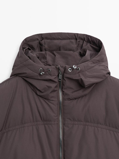 Long water-repellent puffer down jacket with hood