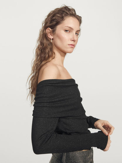 Ribbed long sleeve T-shirt with metallic finish