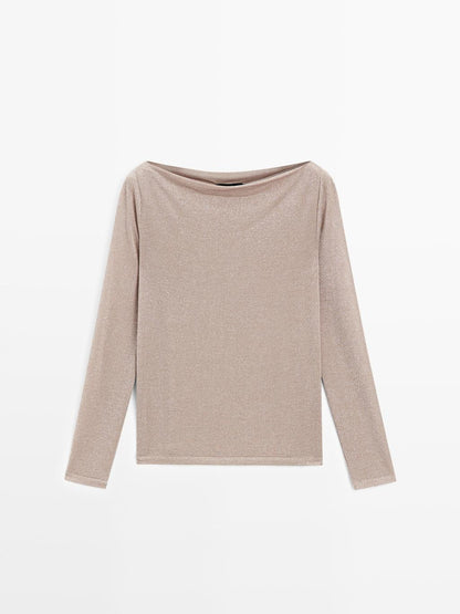 Boat neck T-shirt with metallic finish