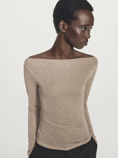 Boat neck T-shirt with metallic finish