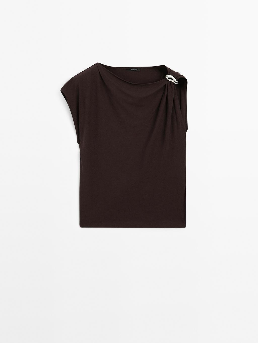 Draped neckline top with brooch detail